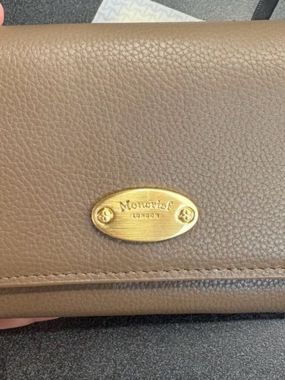 Monoraf London Taupe Leather Wallet with Gold Plaque
